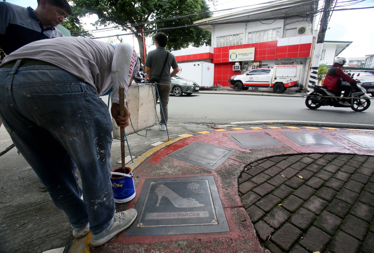 (July 02 2024)…………Workers from Marikina LGU repaint the Shoe-per Star Alley, (ala Hollywood Walk of Fame), one named after former First Lady Imelda Marcos, who is celebrating her 95th birthday today, as part of the ongoing rehabilitation on Tuesday, July 2, 2024.……….Photo/Analy Labor